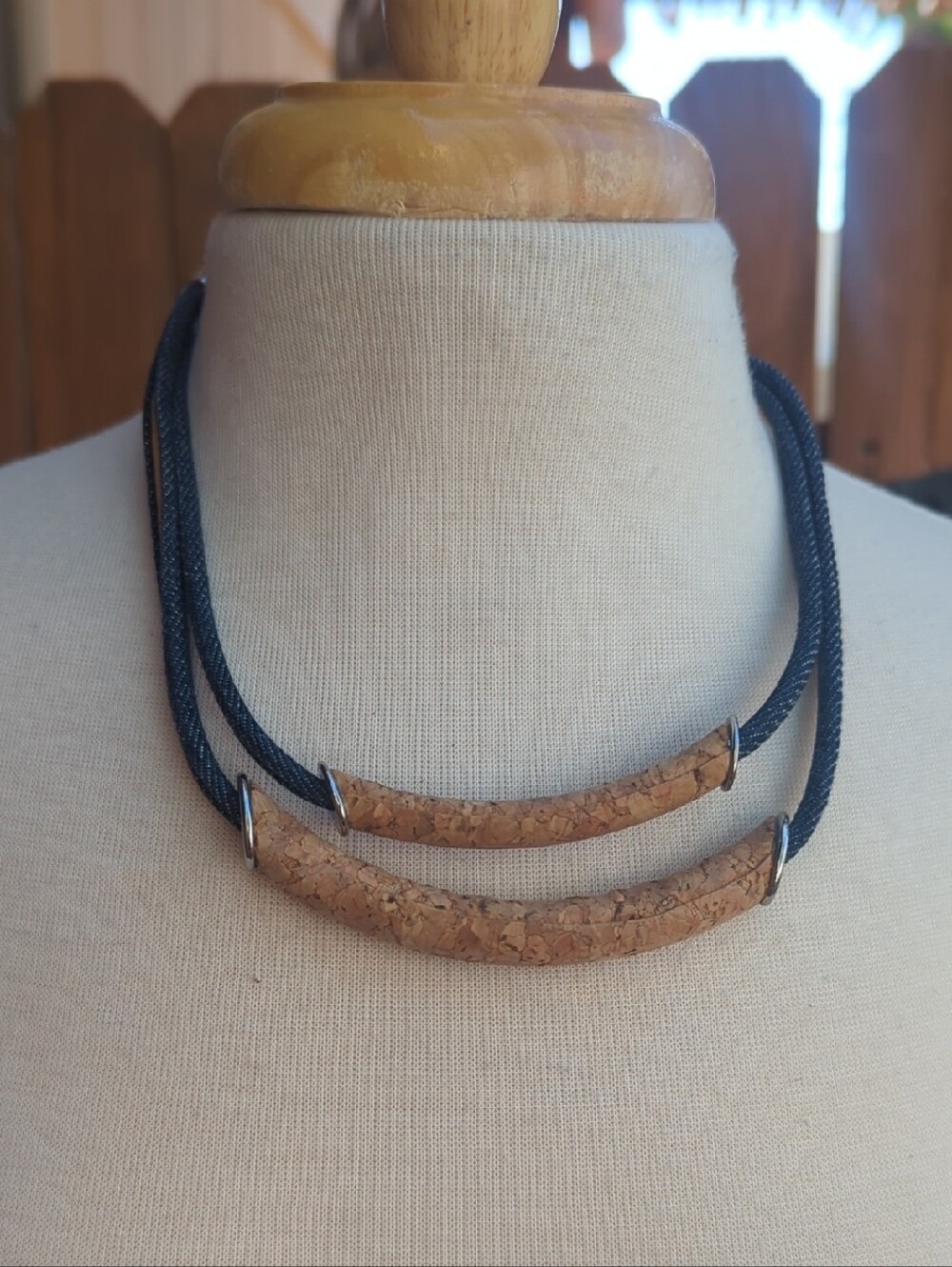 Chico's Denim & Cork Tube Double-Strand Necklace in Natural and Navy